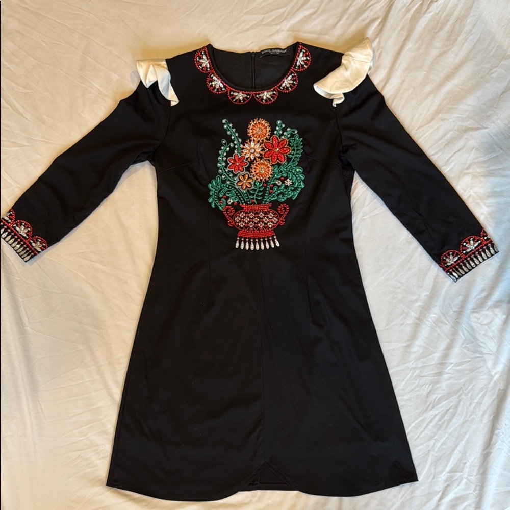 Dolce & Gabbana Black Midi Dress with Floral Embroidery